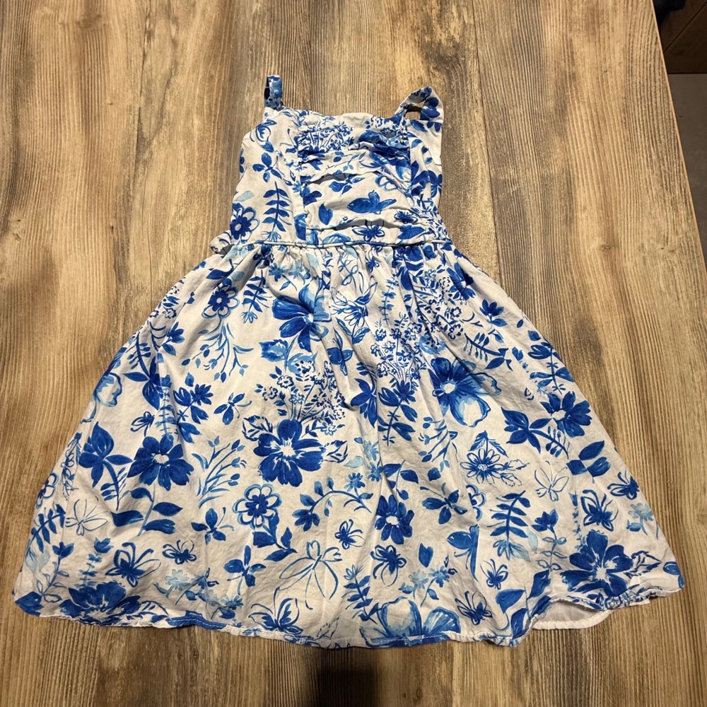 Youngland Girls Blue White Floral Sun Dress Size 6 Sleeveless Fit Flare Tie Back